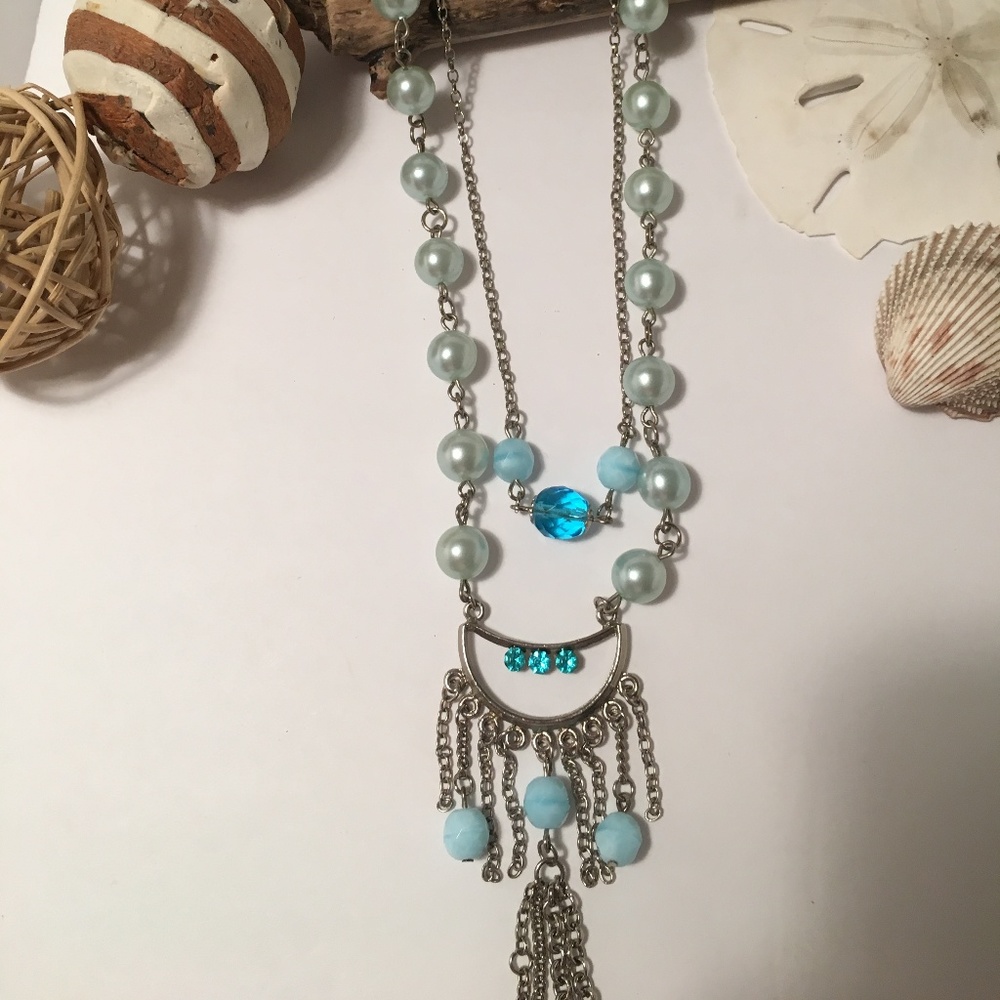 Double Chain Turquoise Faux Pearl & Beads 17.5in